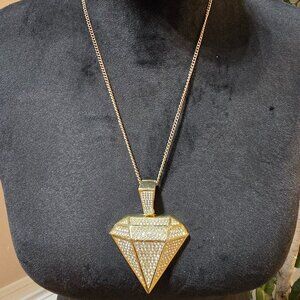 Womens White Topaz Iced Diamond Shape Pendant Hip Hop Necklace Spring Ring Clasp